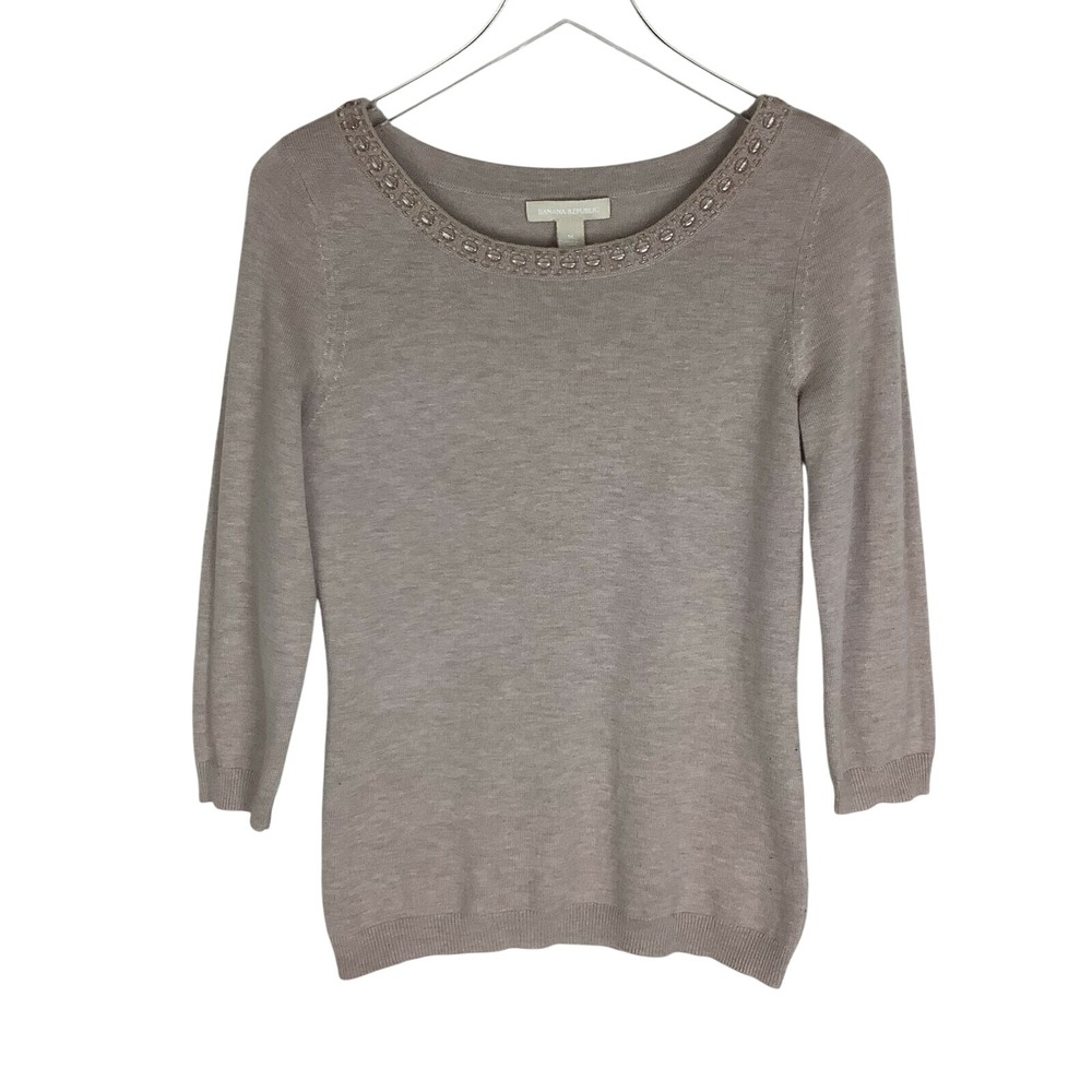 Banana Republic Women Sweater Sz M Embellished Sandy Taupe Wool Blend 3/4 Sleeve